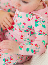 Load image into Gallery viewer, Baby Girls Sweet as Strawberries Bamboo Viscose Footed Ruffle One Piece Pajama