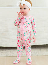 Load image into Gallery viewer, Baby Girls Sweet as Strawberries Bamboo Viscose Footed Ruffle One Piece Pajama