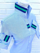 Load image into Gallery viewer, Pearly Vine - Casie 2 - Blue Oxford w/Navy & Green Stripe Ribbon