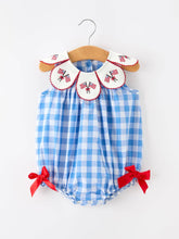 Load image into Gallery viewer, Girls 4th of July Plaid Romper Bow Embroidery Petals Collar