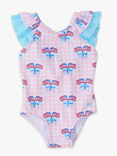 Load image into Gallery viewer, Girls Pink Patriotic Gingham Bow V-Back One Piece Swimsuit