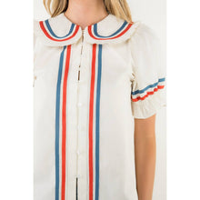 Load image into Gallery viewer, Striped Trim Puff Sleeve Button Top