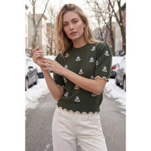 Load image into Gallery viewer, Flower Embroidery Scalloped Edged Sweater - Olive