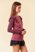 Load image into Gallery viewer, Stripe Mixed Round Neck Ruffled Long Sleeve Tee