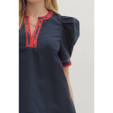 Load image into Gallery viewer, Navy short pleated puff sleeve top