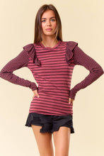 Load image into Gallery viewer, Stripe Mixed Round Neck Ruffled Long Sleeve Tee
