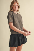 Load image into Gallery viewer, Scalloped Pointelle Knit Short Sleeve Sweater - Brown