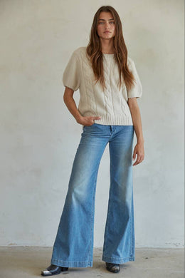 Knit Sweater Acrylic Nylon Wool Spandex Cable Detail - Beige