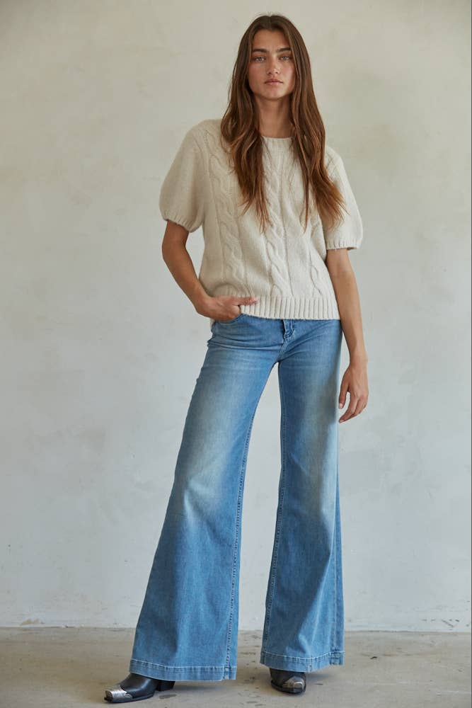 Knit Sweater Acrylic Nylon Wool Spandex Cable Detail - Beige