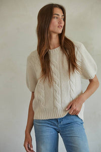 Knit Sweater Acrylic Nylon Wool Spandex Cable Detail - Beige