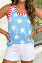 Load image into Gallery viewer, EVELA INC - Tie Dye Star 4th of July Striped Trim Round Neck Tank Top