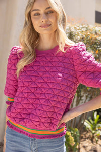 Quilted Striped Band Knit Top: Pink