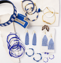Load image into Gallery viewer, INK + ALLOY - Lexie Game Day Horizontal Stripes Beaded Fringe Earrings Blue and White Wholesale