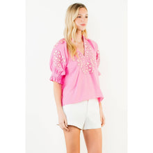 Load image into Gallery viewer, Puff Sleeve Floral Embroidery V-Neck Top