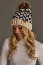 Load image into Gallery viewer, Panache Apparel Co. - Beige, Navy &amp; Lt. Blue Patterned Pom Hat