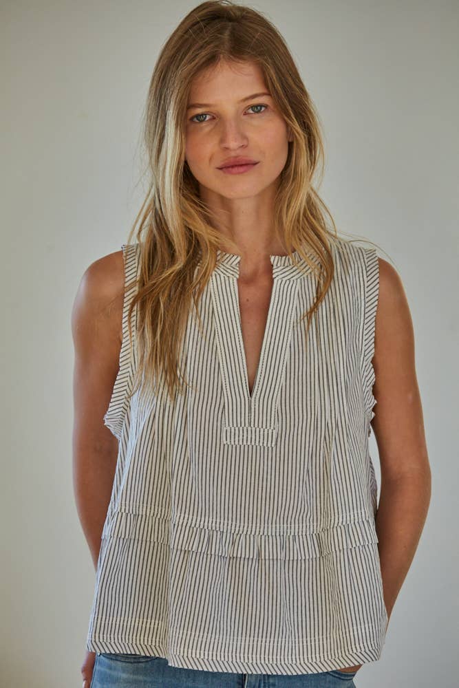 By Together -Woven Cotton Polyester Striped Sleeveless Blouse Top