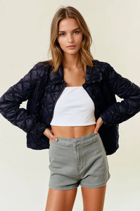 Over-Sized Collar Quilted Button-Down Jacket - Black