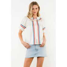 Load image into Gallery viewer, Striped Trim Puff Sleeve Button Top