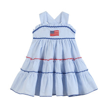 Load image into Gallery viewer, Blue Seersucker USA Flag Layered Sundress