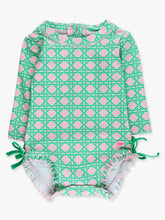 Load image into Gallery viewer, Baby Girls Pink Coastal Cane Long Sleeve One Piece Rash Guard Swimsuit with Signature Rear Ruffles