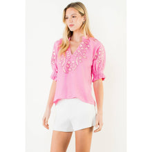 Load image into Gallery viewer, Puff Sleeve Floral Embroidery V-Neck Top