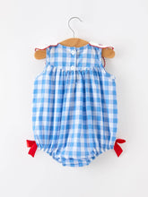 Load image into Gallery viewer, Girls 4th of July Plaid Romper Bow Embroidery Petals Collar