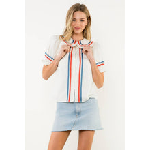 Load image into Gallery viewer, Striped Trim Puff Sleeve Button Top