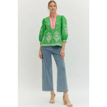 Load image into Gallery viewer, Floral embroidered 3/4 puff sleeve top - Green