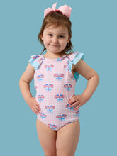 Load image into Gallery viewer, Girls Pink Patriotic Gingham Bow V-Back One Piece Swimsuit
