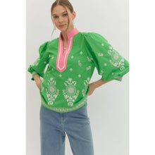 Load image into Gallery viewer, Floral embroidered 3/4 puff sleeve top - Green