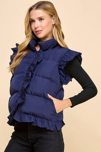 Ruffle Trim Button Down Puffer Vest