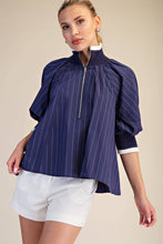 Load image into Gallery viewer, Mock Neck Band Puff Sleeve Blouse- Navy