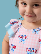 Load image into Gallery viewer, Girls Pink Patriotic Gingham Bow V-Back One Piece Swimsuit
