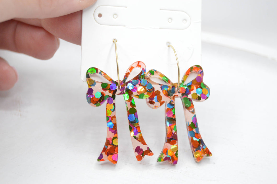 The Adorned Fox - Rainbow Glitter Bow Acrylic Earrings, Coquette, Hoops