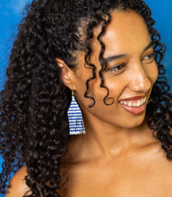 Load image into Gallery viewer, INK + ALLOY - Lexie Game Day Horizontal Stripes Beaded Fringe Earrings Blue and White Wholesale