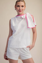 Load image into Gallery viewer, Asymmetric Pleated Shoulder Contrasting Bow Top - White