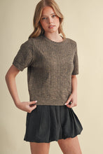 Load image into Gallery viewer, Scalloped Pointelle Knit Short Sleeve Sweater - Brown