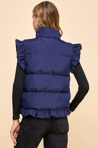 Ruffle Trim Button Down Puffer Vest