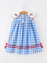 Load image into Gallery viewer, Girls 4th of July Plaid Twirl Dress Bow Embroidery Petals Collar