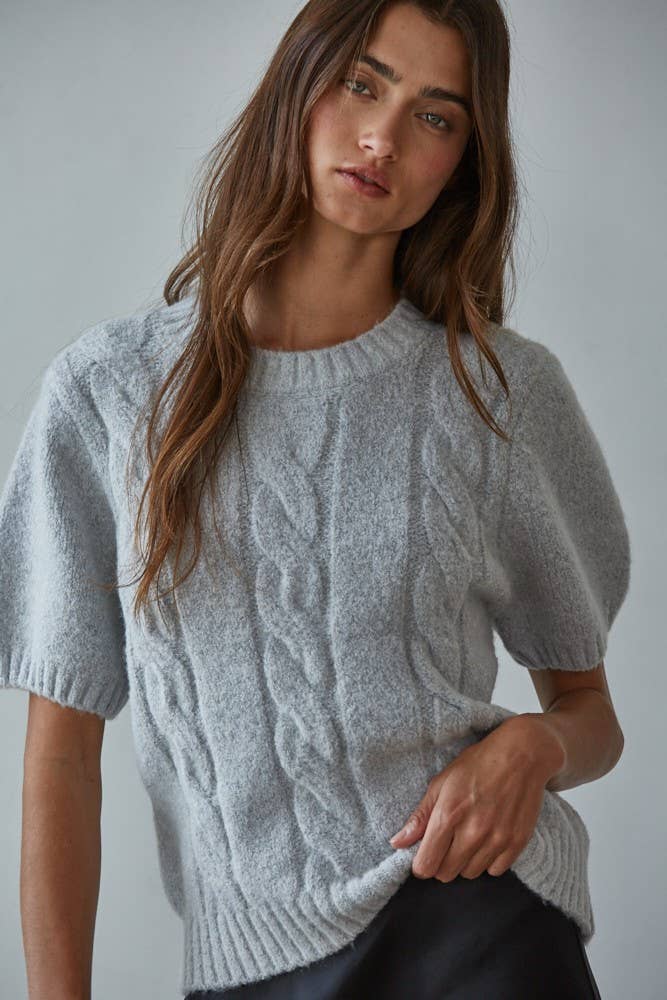 Knit Sweater Acrylic Nylon Wool Spandex Cable Detail - Gray