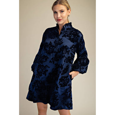 Ruffled Neck Bubble Sleeve Dress - Navy