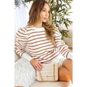 STYLE USA - LONG PUFF SLEEVE STRIPE TOP