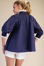 Load image into Gallery viewer, Mock Neck Band Puff Sleeve Blouse- Navy