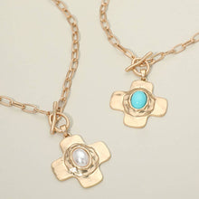 Load image into Gallery viewer, Sensibling Corp. - Oval Pearl Centered Toggle Cross Charm Pendant Necklace