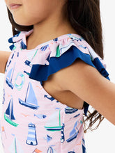 Load image into Gallery viewer, RuffleButts + RuggedButts - Girls Pink Sweet Sails Bow V-Back One Piece Swimsuit