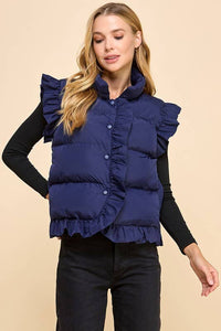 Ruffle Trim Button Down Puffer Vest