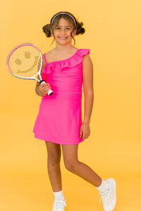 Girls Neon Magenta Active Tennis Dress & Bike Short Set