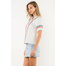 Load image into Gallery viewer, Striped Trim Puff Sleeve Button Top