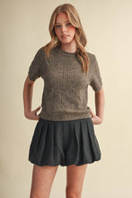 Load image into Gallery viewer, Scalloped Pointelle Knit Short Sleeve Sweater - Brown
