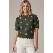 Load image into Gallery viewer, Flower Embroidery Scalloped Edged Sweater - Olive
